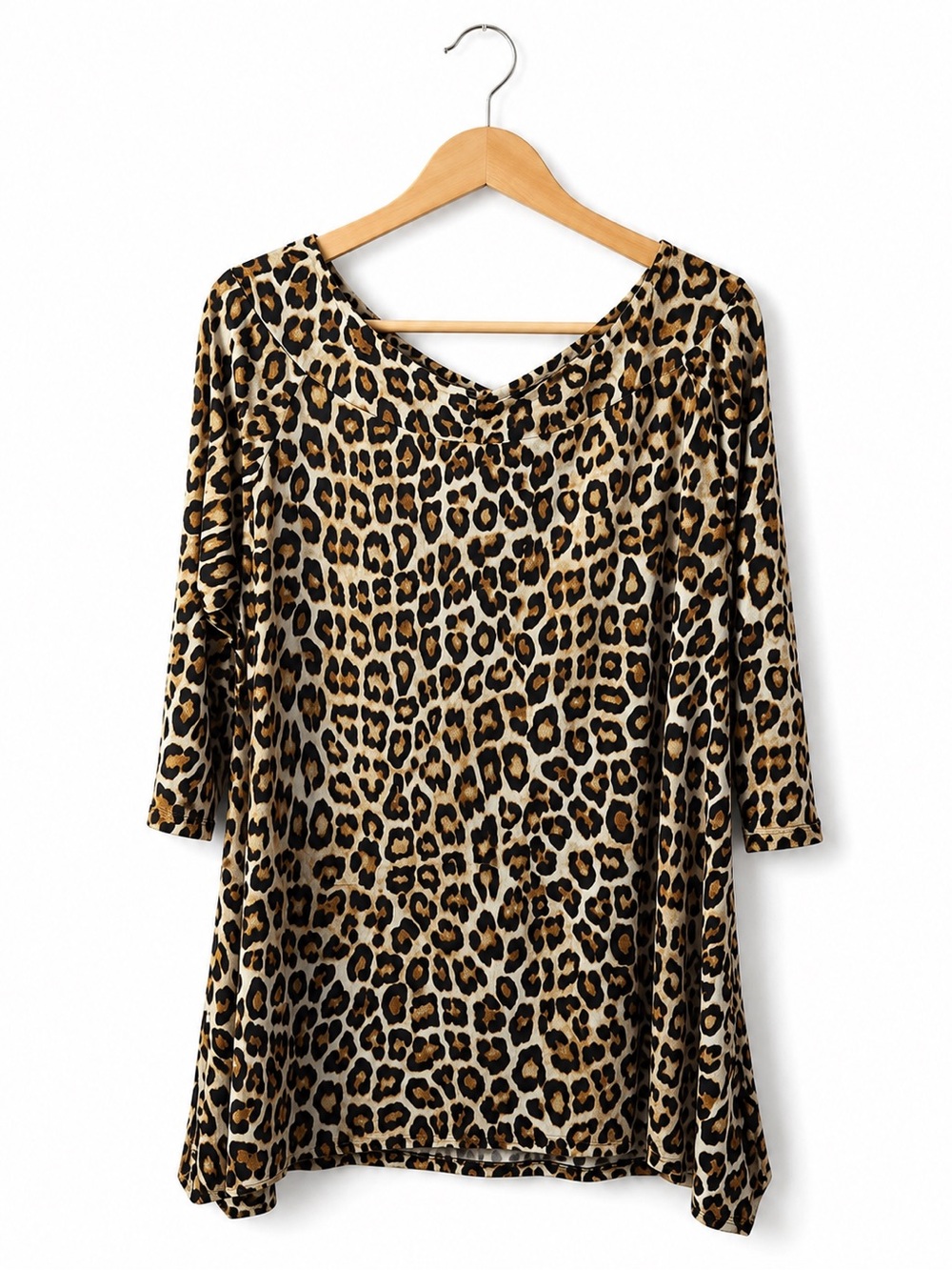 Chico’s Leopard Print Tunic Top 3/4 Sleeve Animal Print Blouse Black Brown Cream